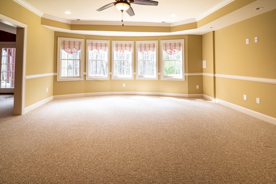 Photo of a clean, empty living room with white painted walls, a large rectangular window with black security grille, and a ceiling fan. The room features dark grey, textured carpet flooring and bright